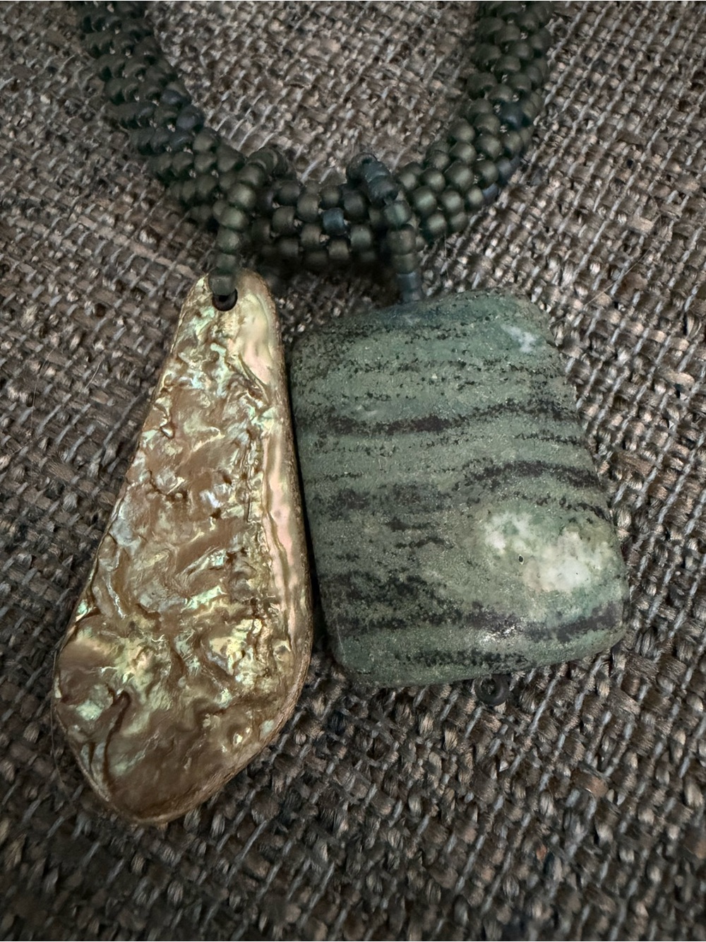 Reversible Hand Crafted Green Beaded Necklace with Gold and Green Pendants - Picture 2 of 8